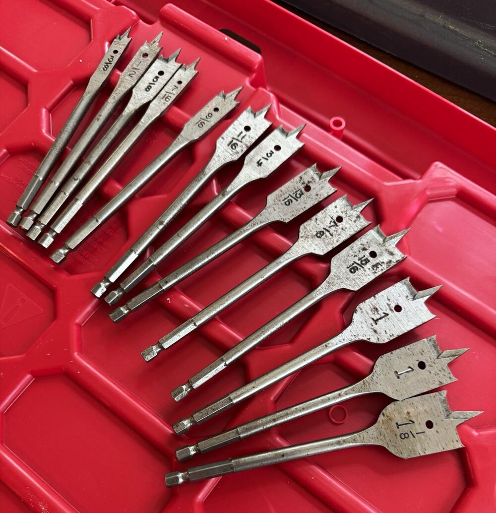 Steel Spade/Paddle Drill Bit Set for Drill, 3/8 inches to 1 1/8 inch. 13 bits.